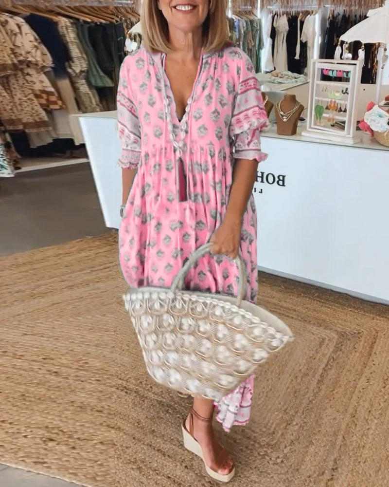 Womens Midi Summer Floral Dress V Neck