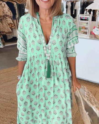 Womens Midi Summer Floral Dress V Neck