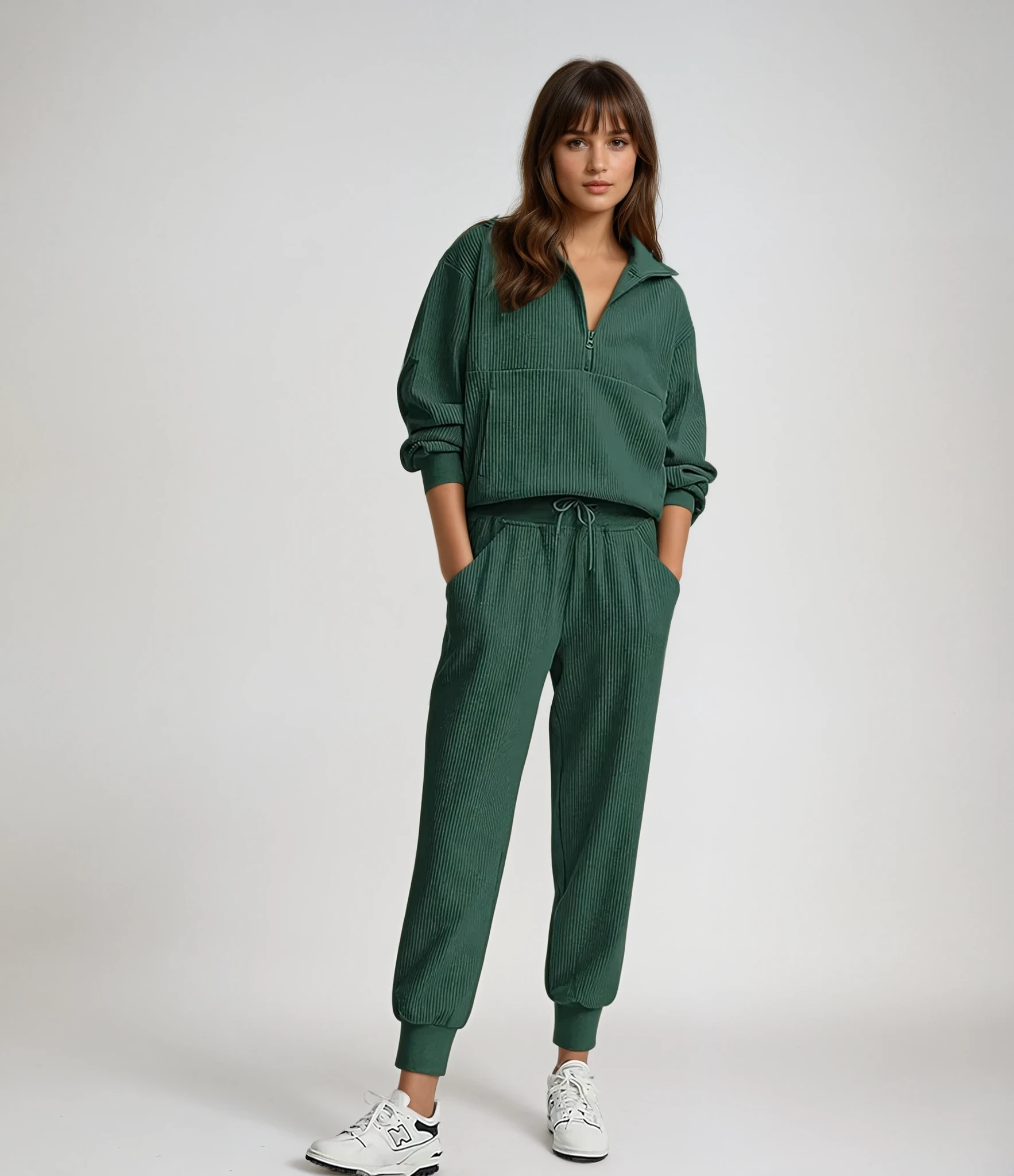 Woman wearing a green tracksuit on a white background