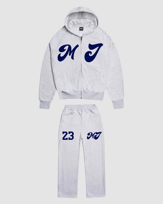Gray tracksuit with blue lettering on a white background