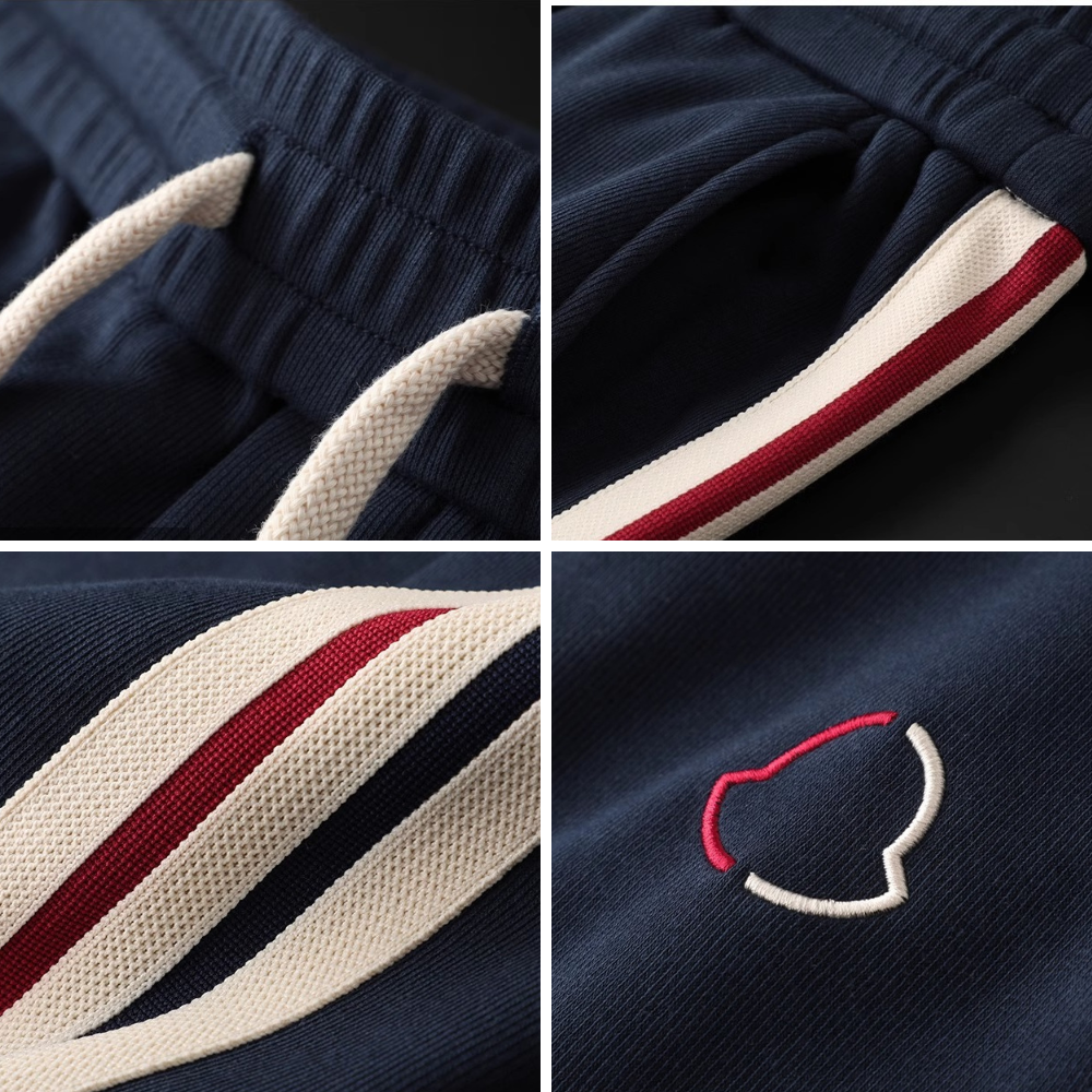Collage of close-up details of a navy blue garment with red and white accents.