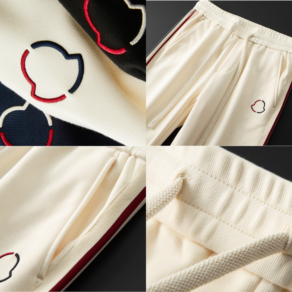Collage of close-up details of a white garment with red and blue embroidery on a black background.