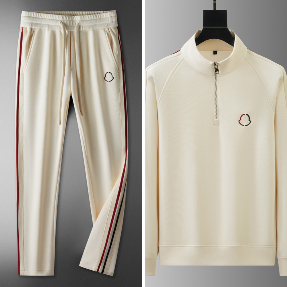 White tracksuit with red and black stripes on a gray background