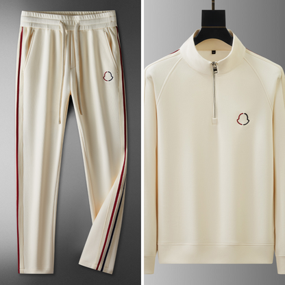 White tracksuit with red and black stripes on a gray background