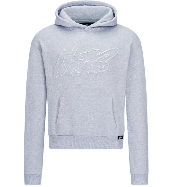 Gray hoodie with a brand logo on a white background