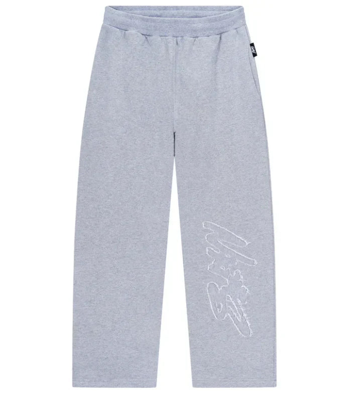 Gray sweatpants with a logo on a white background