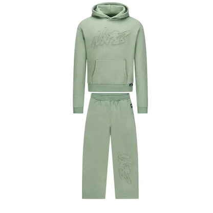 Green tracksuit with hood and pants on a white background