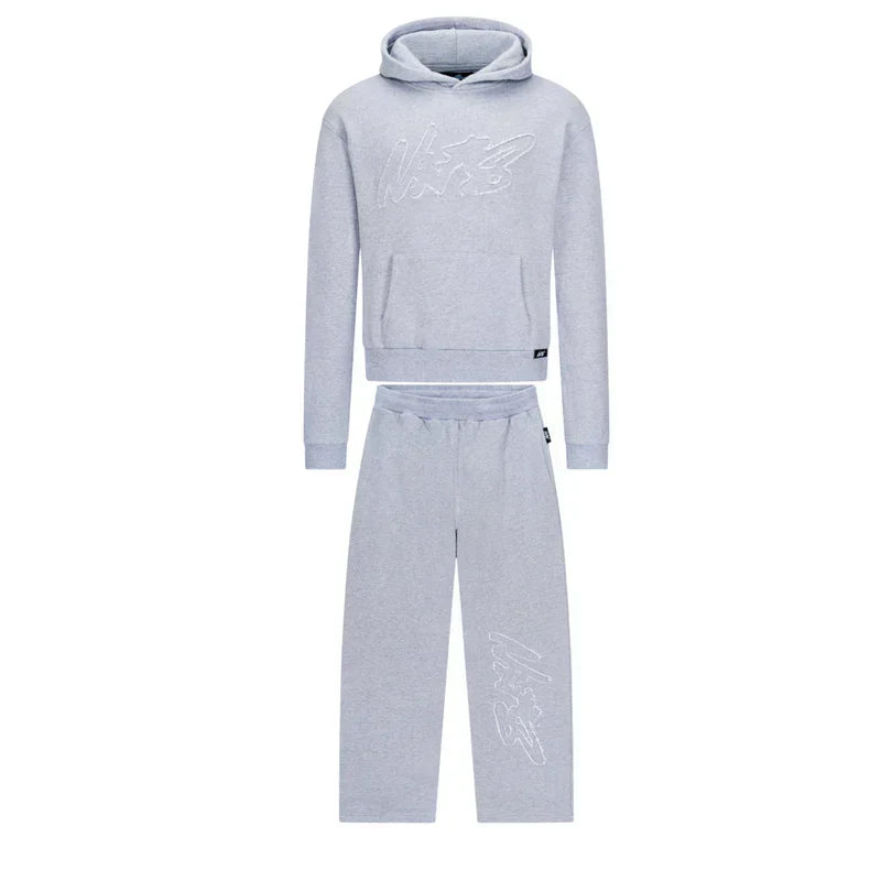 Gray tracksuit with branding on a white background