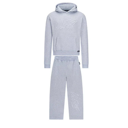 Gray tracksuit with branding on a white background