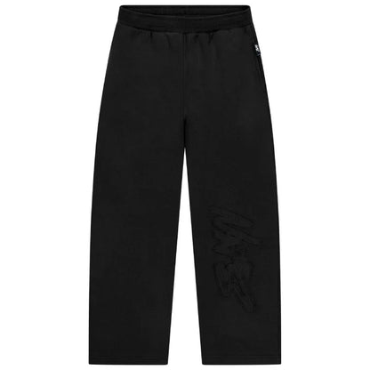Black pants with a small logo on a white background