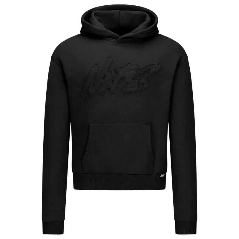 Black hoodie with a logo on a white background