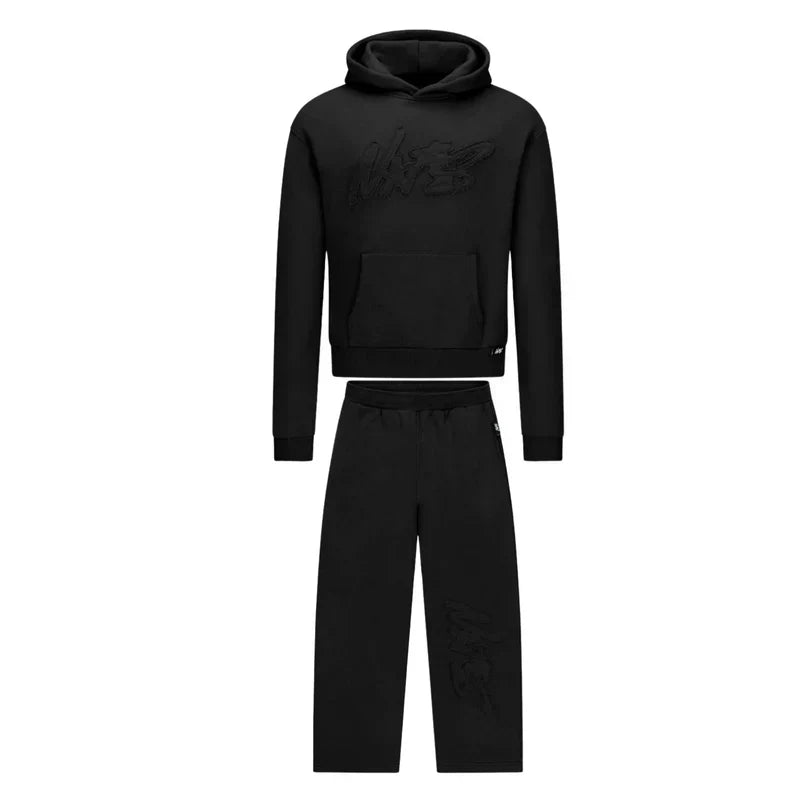 Black hoodie and pants set on a white background