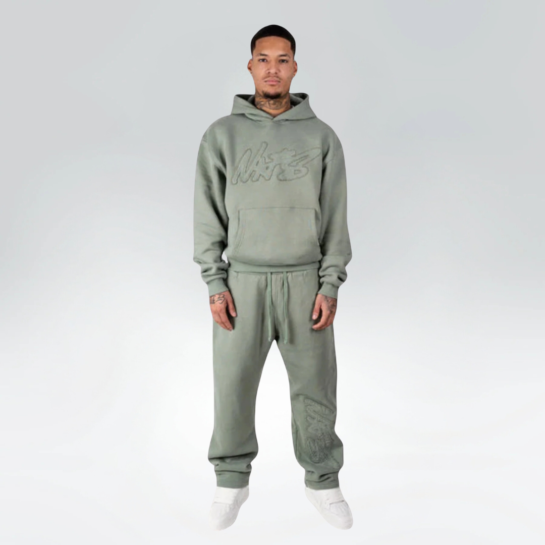 Person wearing a green tracksuit with a brand logo on a white background