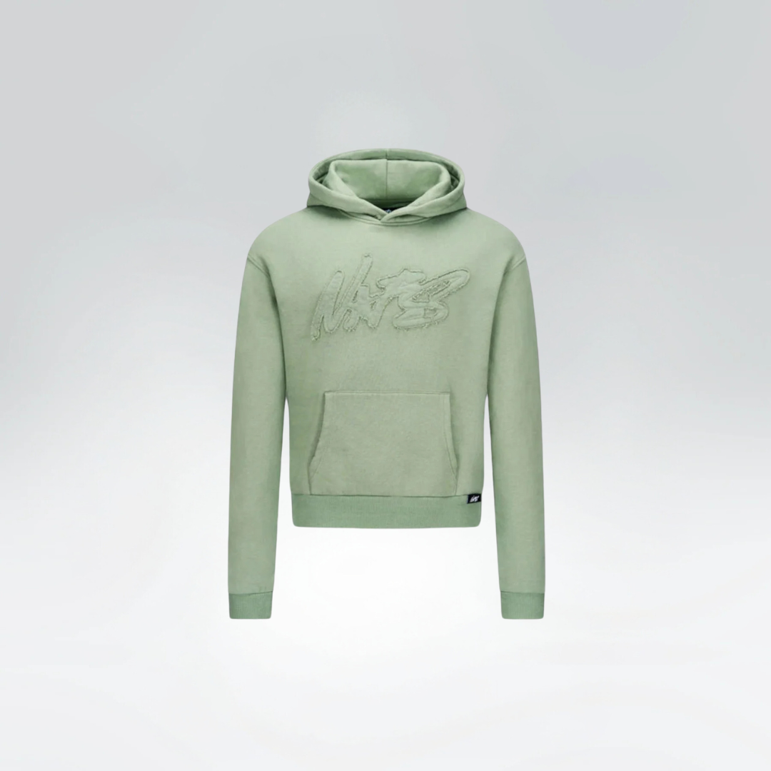Green hoodie with a brand logo on a light gray background