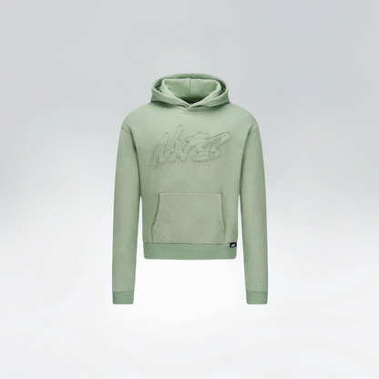 Green hoodie with a brand logo on a light gray background