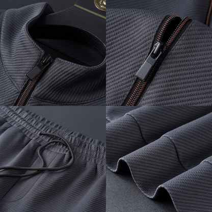 Collage of a dark gray jacket with zipper details on a black background