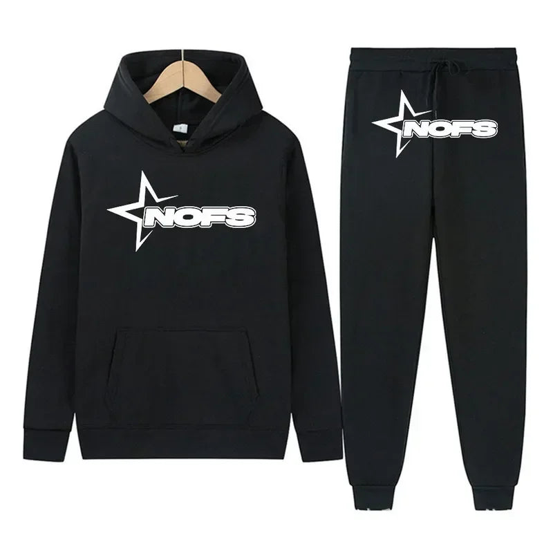 Black hoodie and pants set with 'NOFS' logo on a white background