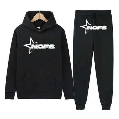 Black hoodie and pants set with 'NOFS' logo on a white background