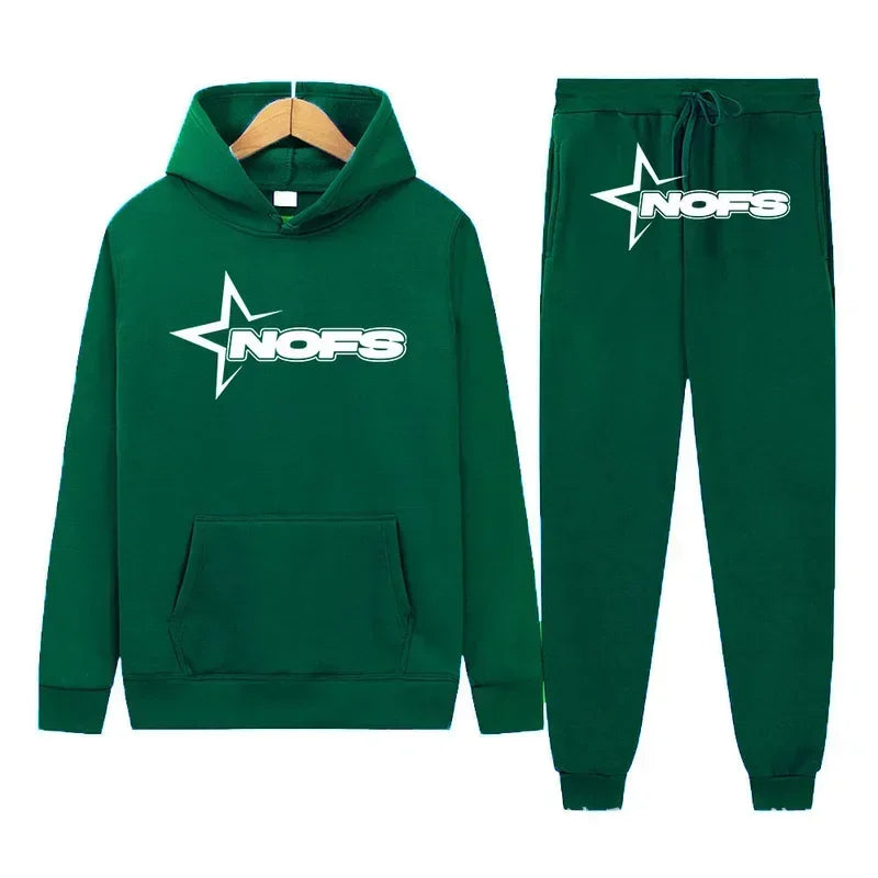 Green hoodie and pants set with 'NOFS' logo on a white background