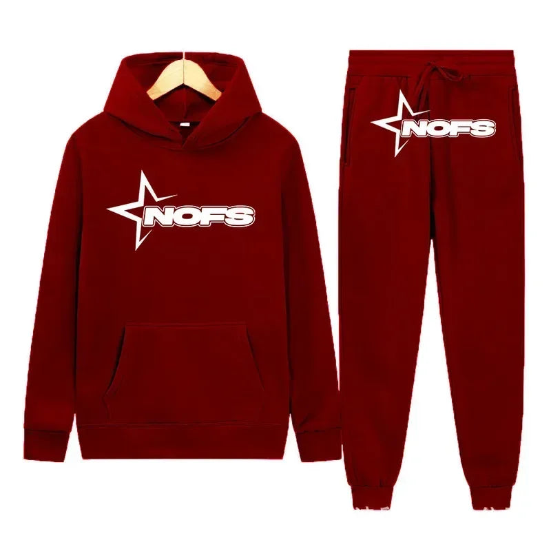 Red hoodie and jogger pants set with 'NOFS' logo on a white background