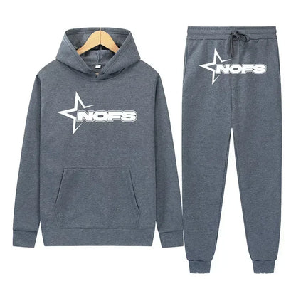 Gray hoodie and jogger pants set with 'NOFS' logo on a white background