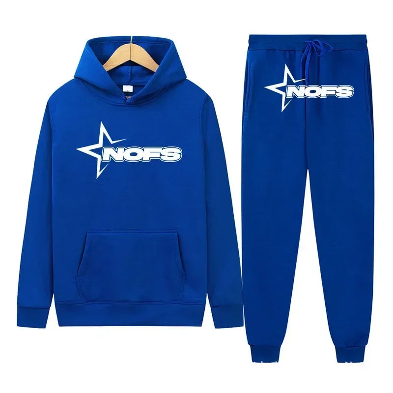 Blue hoodie and pants set with 'NOFS' logo on a white background