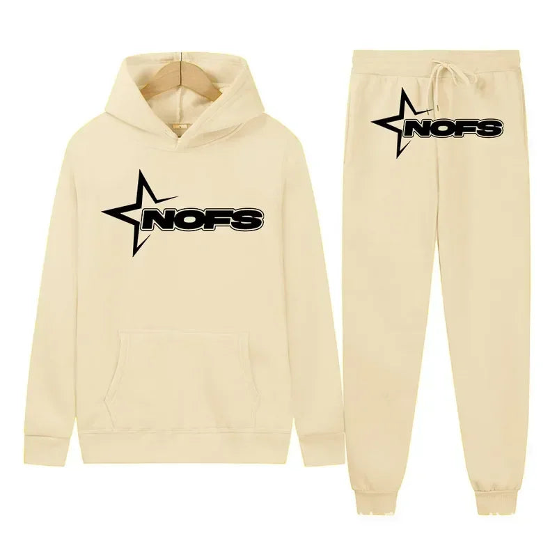 Beige hoodie and jogger pants set with 'NOFS' logo on a white background