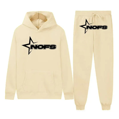 Beige hoodie and jogger pants set with 'NOFS' logo on a white background