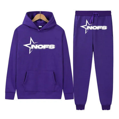 Purple hoodie and jogger pants set with 'NOFS' logo on a white background