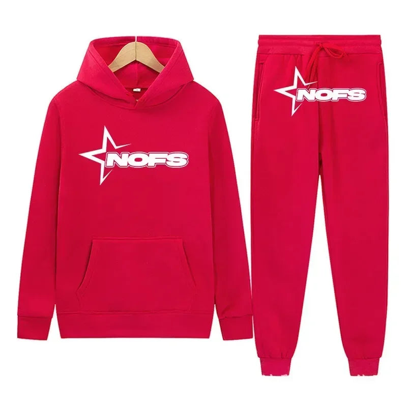 Red hoodie and jogger pants set with 'NOFS' logo on a white background