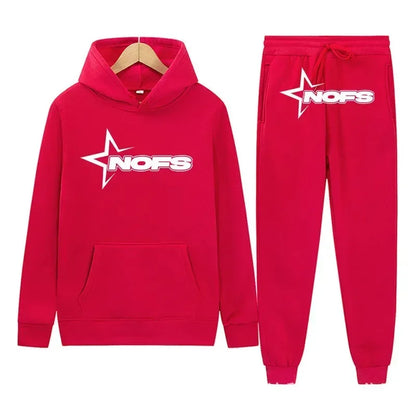 Red hoodie and jogger pants set with 'NOFS' logo on a white background