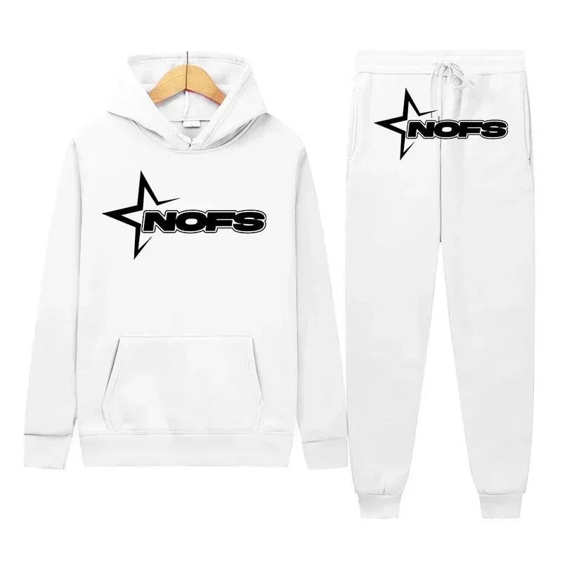 White hoodie and jogger pants set with 'NOFS' logo on a white background