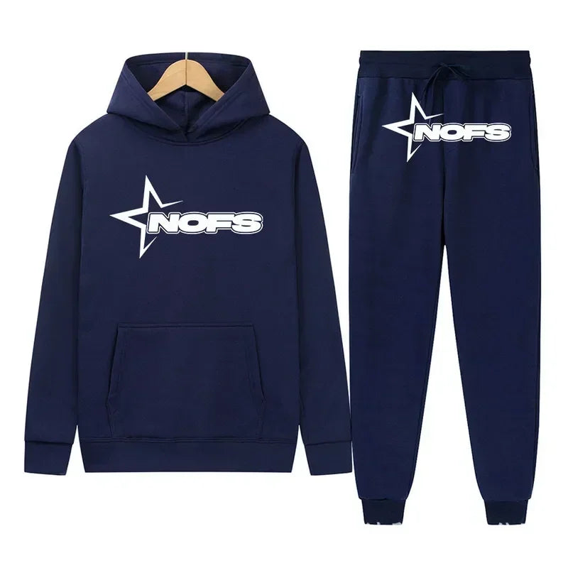 Navy blue hoodie and jogger pants set with 'NOFS' logo on a white background