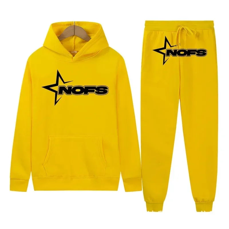 Yellow hoodie and pants set with 'NOFS' logo on a white background