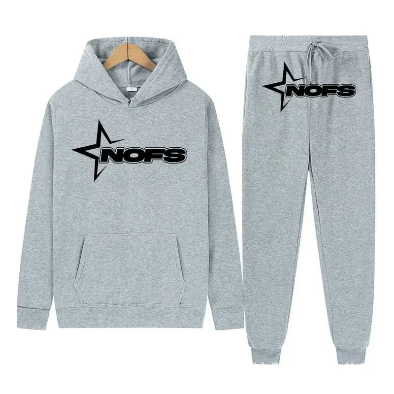 Gray hoodie and jogger pants set with 'NOFS' logo on a white background