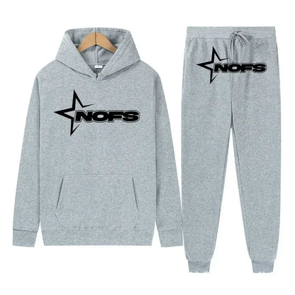 Gray hoodie and jogger pants set with 'NOFS' logo on a white background