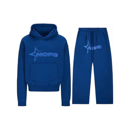 Blue hoodie and pants set with a logo on a white background