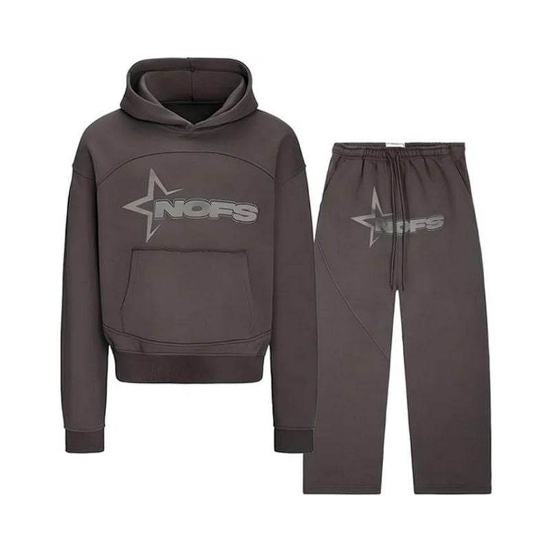 Gray hoodie and pants set with 'NOFS' logo on a white background
