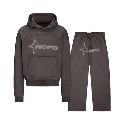 Gray hoodie and pants set with 'NOFS' logo on a white background