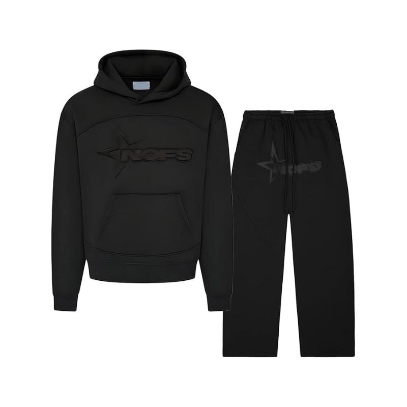 Black hoodie and pants set with a logo on a white background