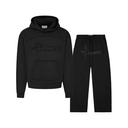 Black hoodie and pants set with a logo on a white background