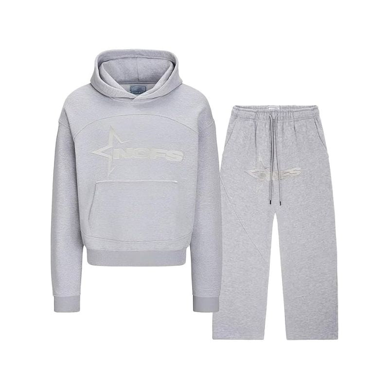 Gray hoodie and pants set on a white background