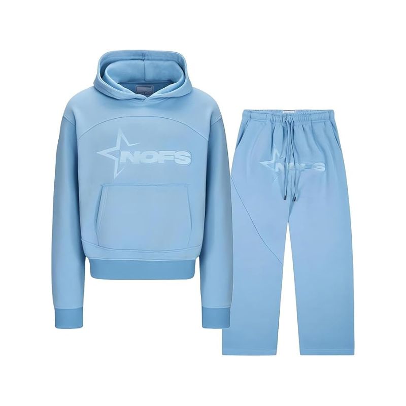 Light blue hoodie and pants set with a logo on a white background