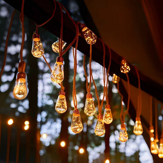 Ventayo – Outdoor String Lights | Solar-Powered LED Bulbs with Hemp Rope Design | Warm White Light for Patios and Gardens