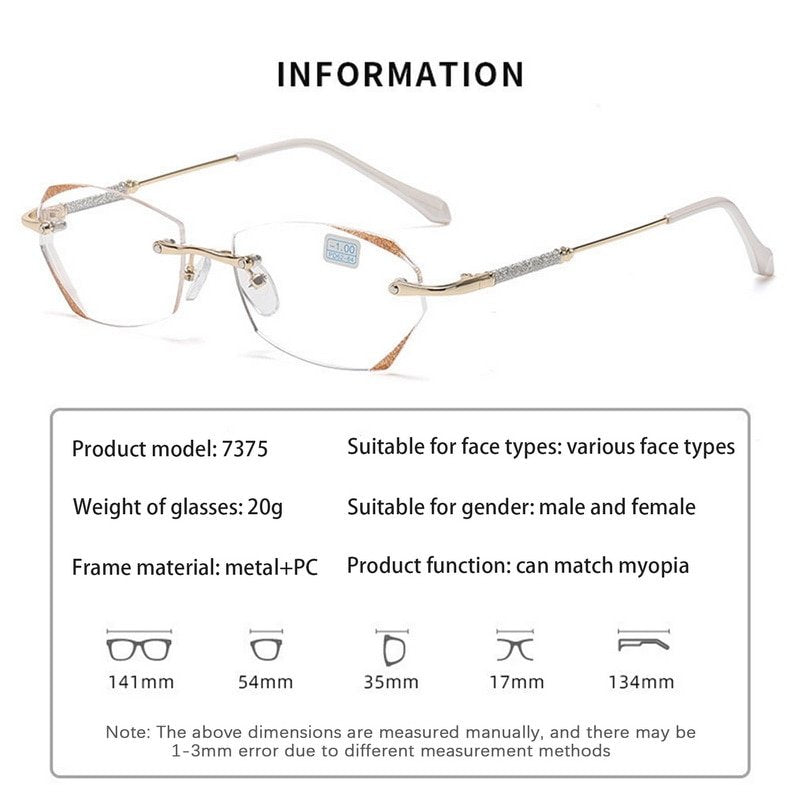 Damen Diamant Randlose Anti-Blaues Licht Presbyopie Brille
