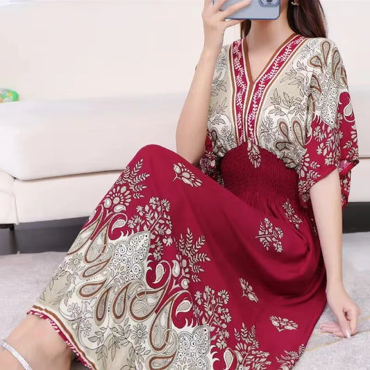 Elegante vestido impreso de estilo retro con escote en V, túnica grande de vuelo, falda larga
