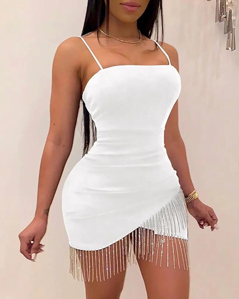 Woman Party Night Birthday Tassel Split Sleeveless Bodycon Dress