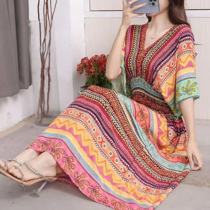 Elegant Retro Style V-neck Tunic Large Swing Printed Dress Long Skirt
