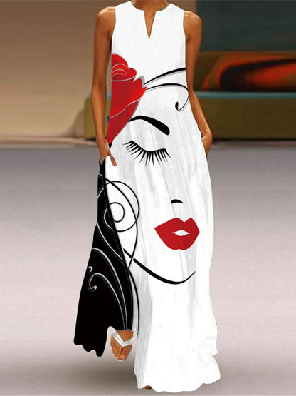 Black Sleeveless V-neck Loose Print Vintage Beach Party Dresses