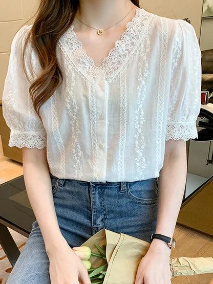 Women Lace V-Neck Blouse Shirt